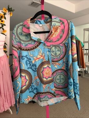 Printed Blue and Pink Satin Button-Up Blouse